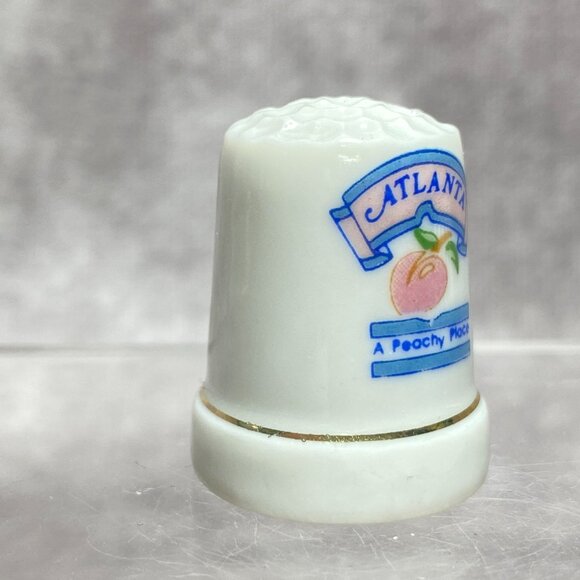 Atlanta Souvenir Thimble White Porcelain Gold Trim Peach Design, A Peachy Place - Picture 7 of 9